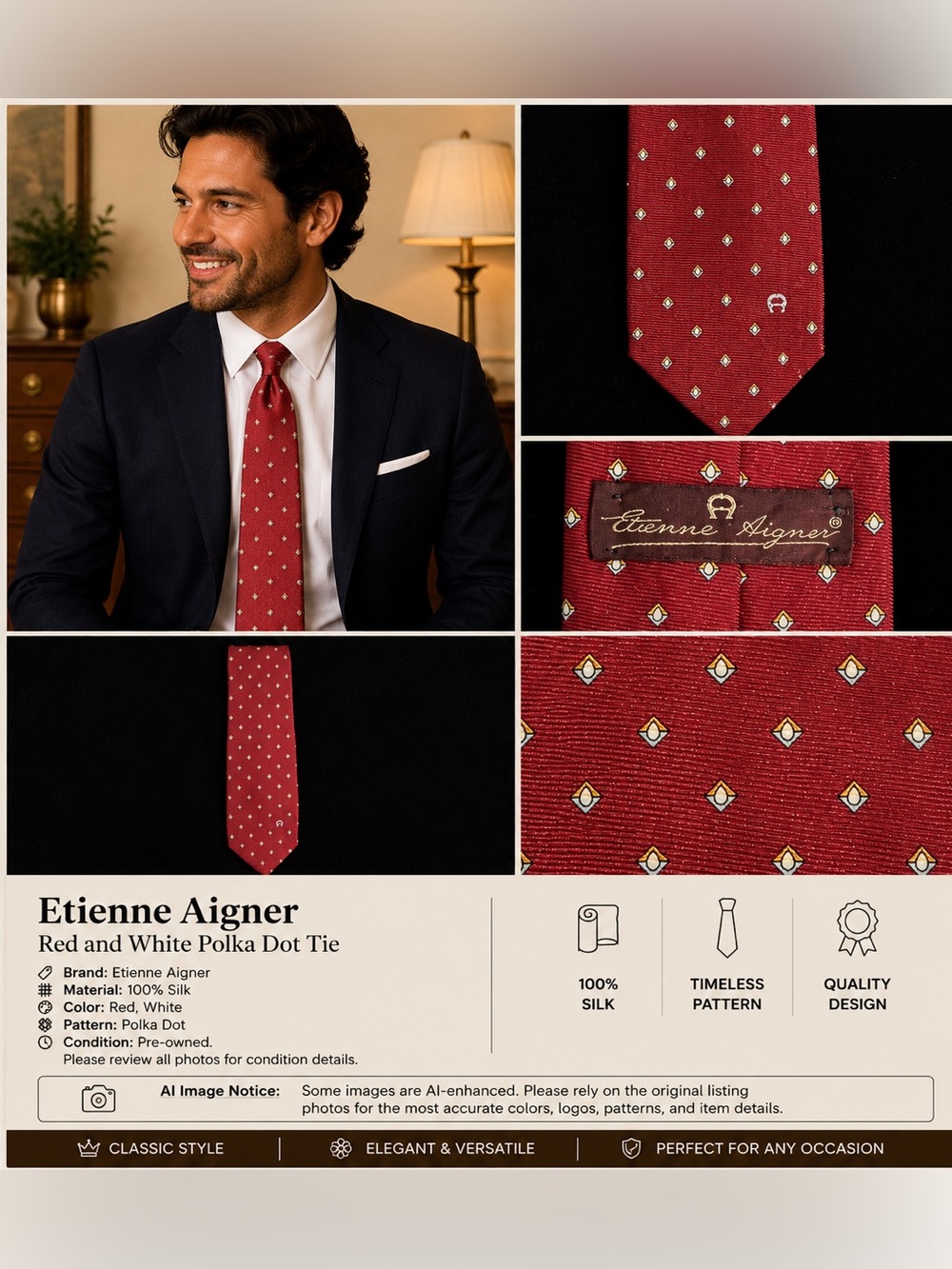 Etienne Aigner Red and White Polka Dot Tie